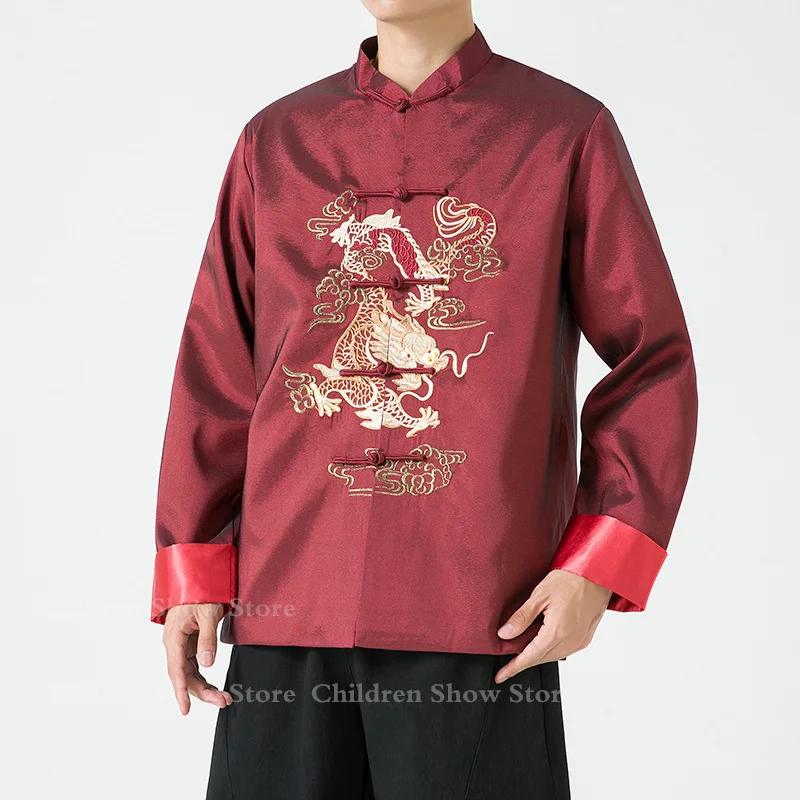 Костюм в китайском стиле с вышивкой Дракона Тан одежда мужские топы длинными