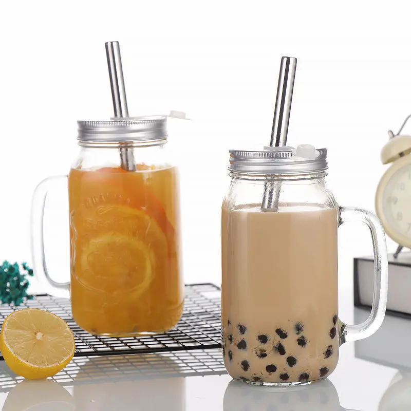

Mark Coffee Cup with Stainless Steel Straw Large Capacity Glass Milk Tea Fruit Tea Cup with Handle and Lid Thick Drinking Cup