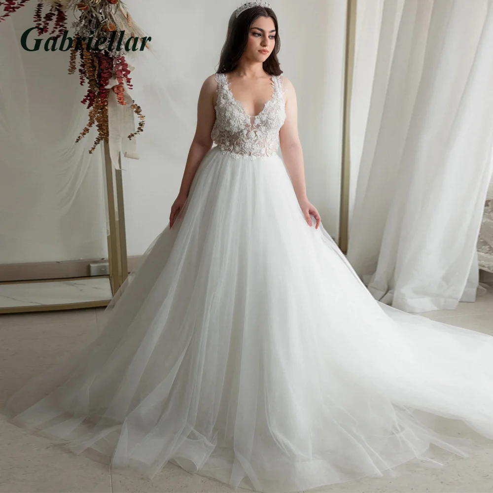 

Gabriellar Classic Tulle Wedding Dress Beads Appliques Sleeveless V-Neck Illusion Button A-line 2023 Sweep Train Robe De Mariée