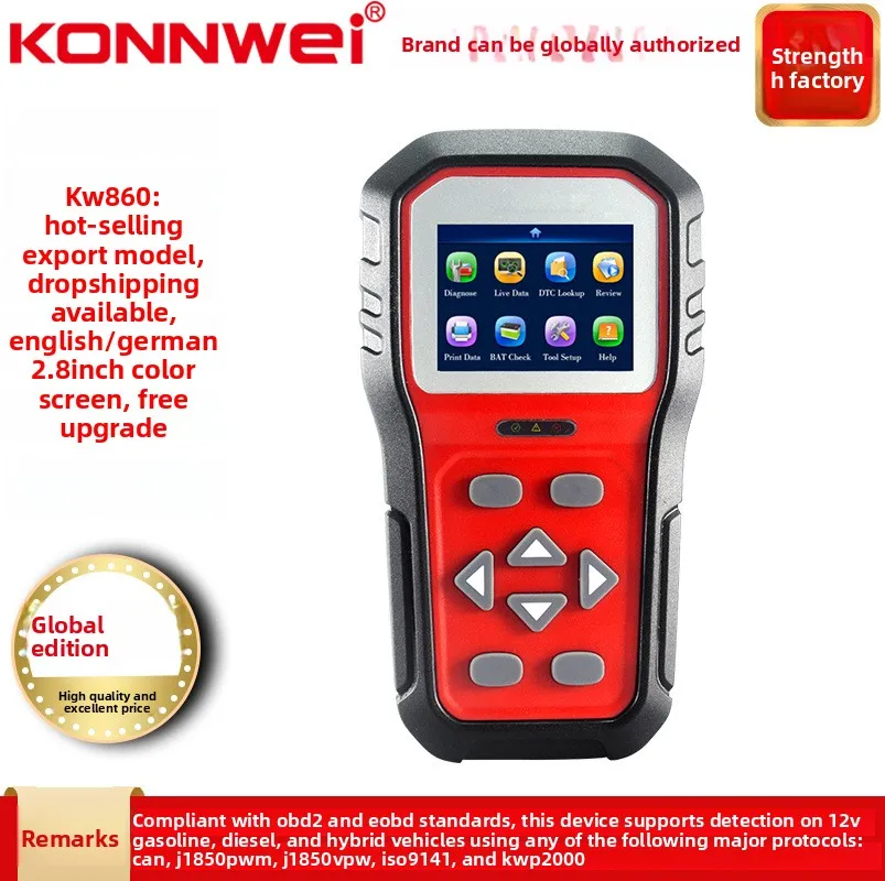 Фото KONNWEI Новый прибор для диагностики неисправностей автомобиля KW860 с функцией индикации кнопки I 2,8-дюймовый цветной экран, линия напряжения 12 В №1