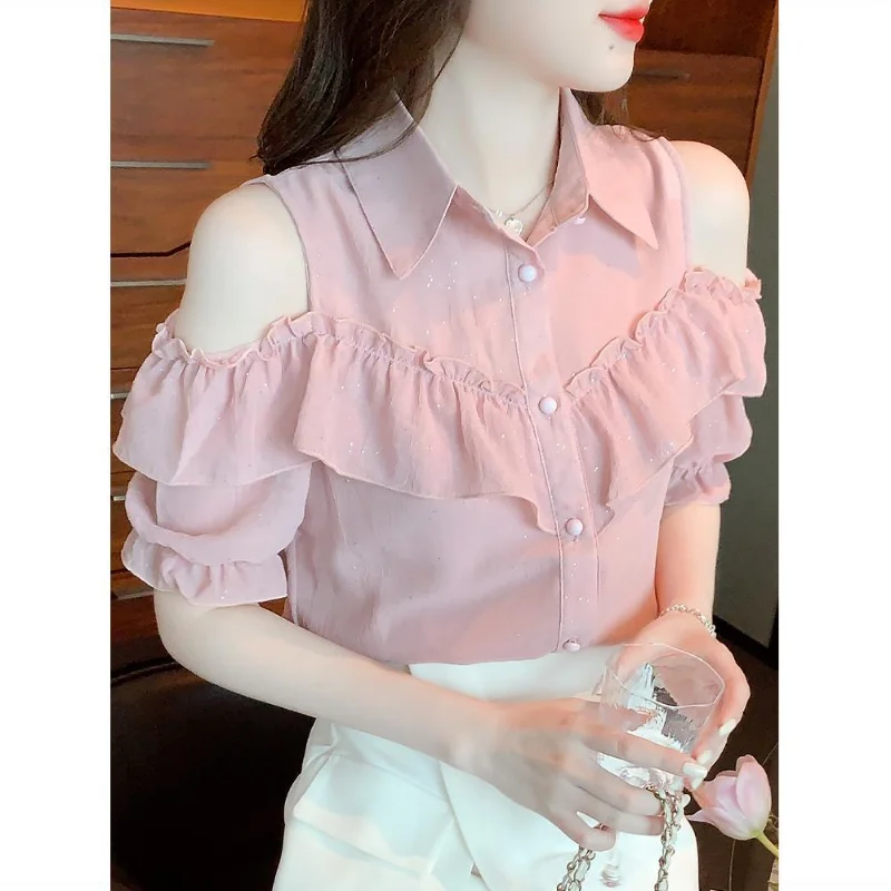 

Женская шифоновая блузка с открытыми плечами, свободная блузка большого размера с коротким рукавом и оборками, лето 2023