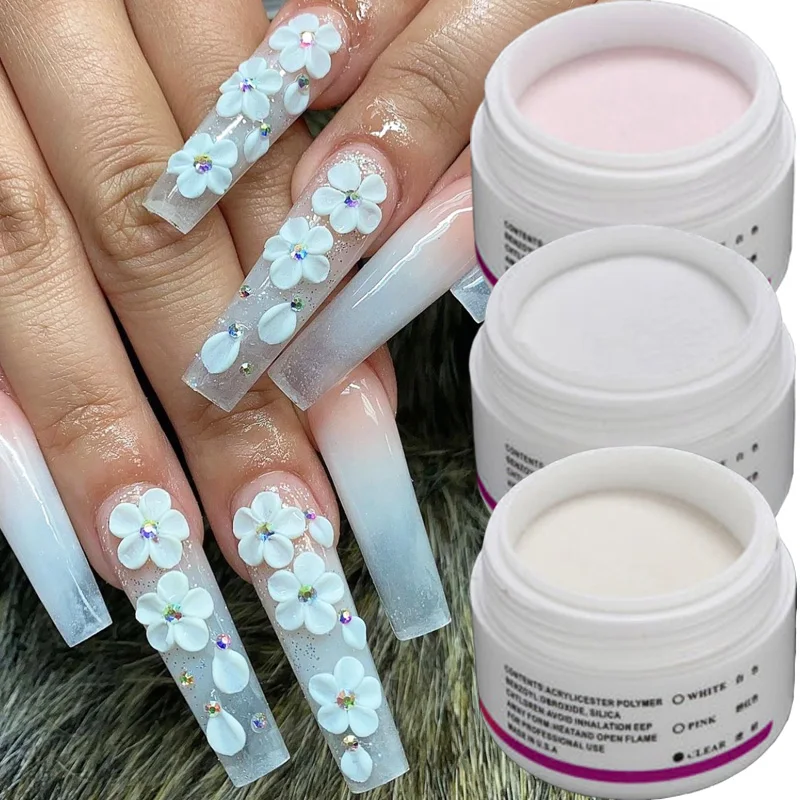 

HEALLOR 1pcs Acrylic Nail Powder White Clear Pink Crystal Polymer 3D Nail Art Decorations Carving Flower Powders Manicure Dust