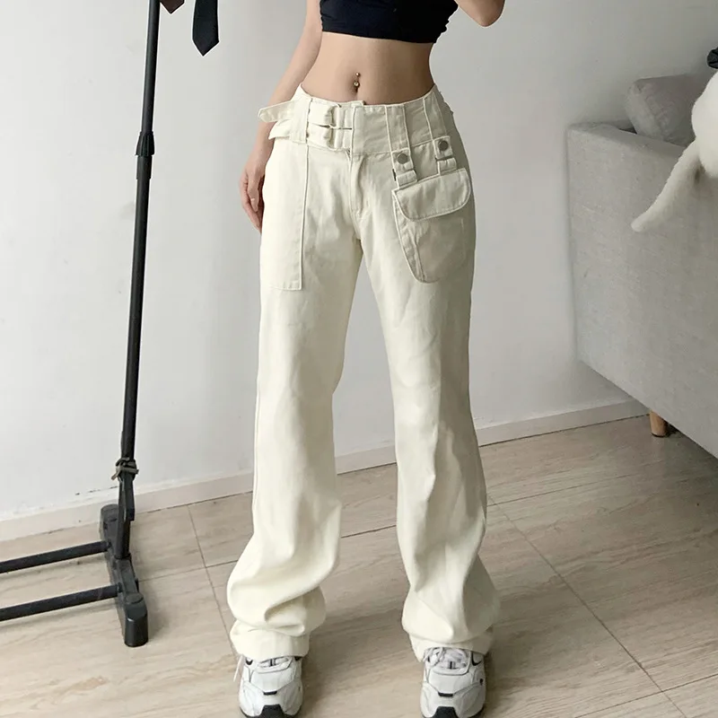 

Стильные белые трендовые джинсы, модные винтажные брюки с заниженной талией, прямые женские джинсовые брюки y2k с пряжкой и поясом, уличная о...