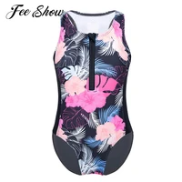kids girls floral print stretchy one piece swimsuit swimming suit sleeveless removable pads bathing bodysuit jumpsuit beachwear