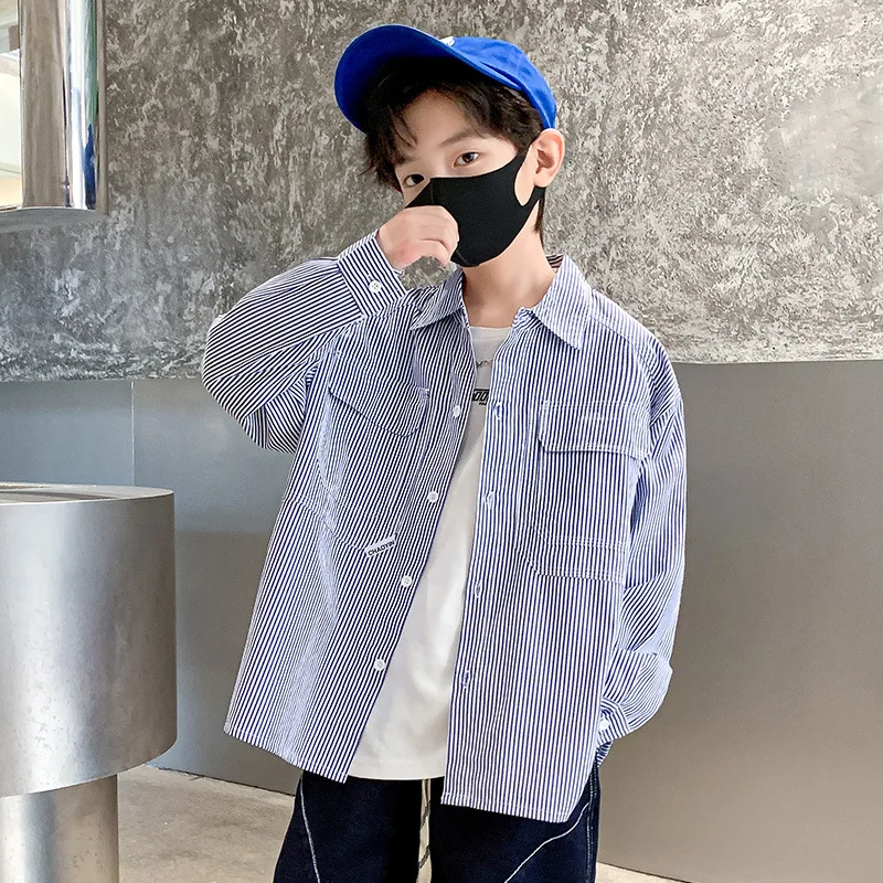 

Spring& Autumn 2022 Fashion Boys Long Sleeve Classic Striped Lapel Shirts Tops with Pocket Baby Boys Casual Shirt Kids Clothing