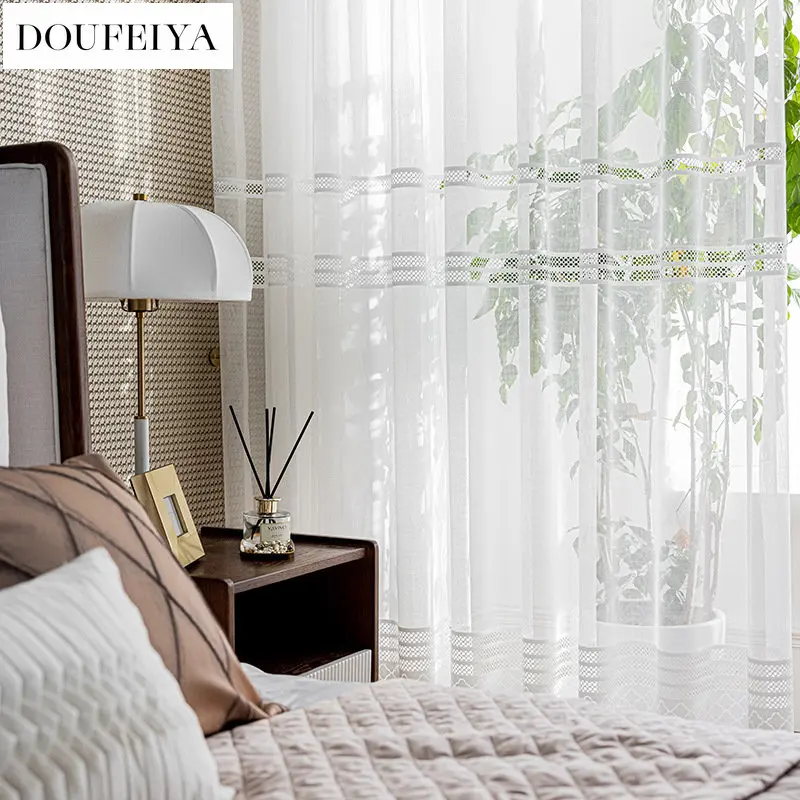 

Nordic Curtains for Living Dining Room Bedroom Custom Luxury Modern Simple Warp Knitting Hollow White Tulle Window Curtain Decor