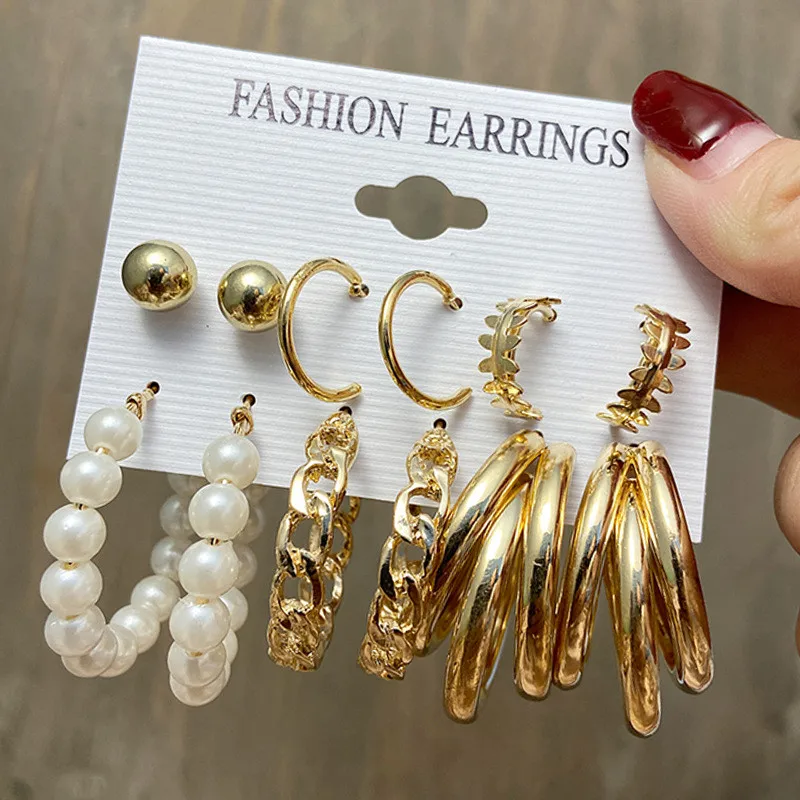 

WUKALO Fashion Gold Color Pearl Earrings Set for Women Punk Vintage Metal Female Retro Drop Earrings Jewelry Accessories
