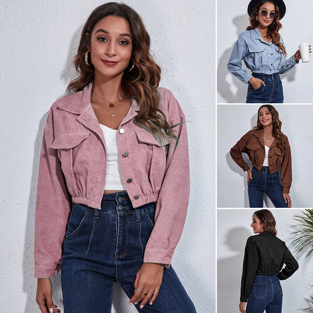 

Winter Short Jacket for Women Corduroy Cropped Coats 2023 Spring Vintage Cardigan Bomber Overcoat Button Overwear Top 7962