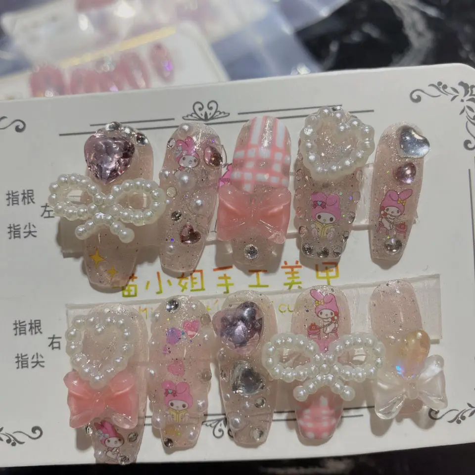 Kawaii DIY My Melody Pink Cartoon Press on Nail Y2K Handmade Anime False Tips Fake Stickers Nail Decor accessories Sparkling DIY