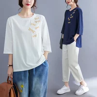 #5570 Retro Short Sleeve T Shirt Women For Summer White Blue Tshirt Ladies Casual Loose Tee Shirt Ladies China Style Embroidery