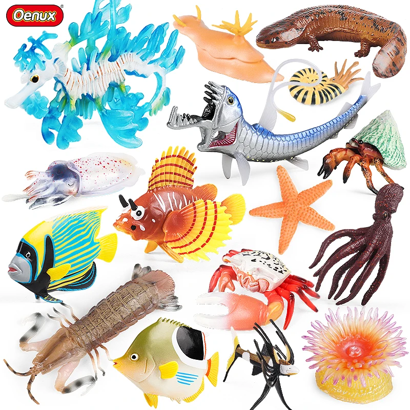 

Oenux Sea Life Animals Crab Squid Shark Starfish Shrimp Action Figures Ocean Model Miniature Collection Educational Toy Kid Gift