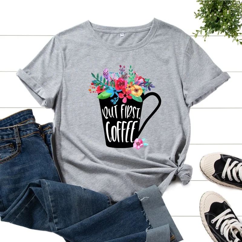 

Women Summer Fashion Short Sleeve Floral Cup Letter Print Female Graphic Casual T-shirt Ladies Regular Daily Round Neck Tee Tops