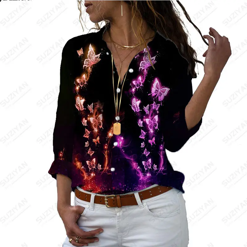 

SpringAutumn Fashion New Butterfly Fragmented Flowers Sequins 3D Printed Shirt Button Polo Long Sleeve Top Women's Vintage Shirt