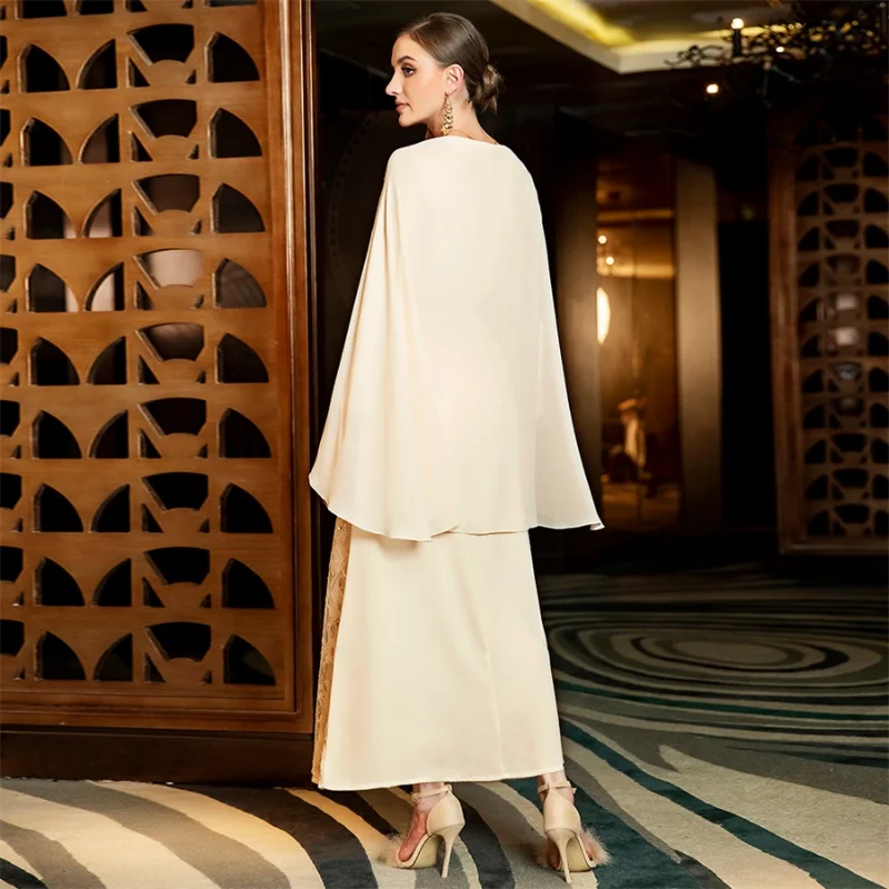 Modest Dress For Woman Rhinestone Luxury Dubai Evening Dress Fashion Sequins Floral Embroidery Guipure Shawl Turkish Dress