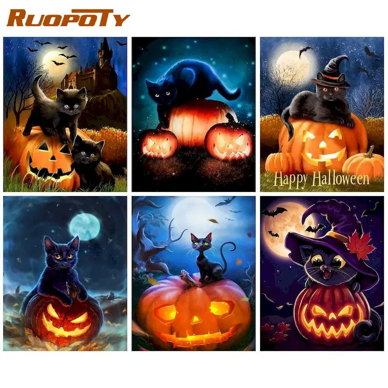 

RUOPOTY Christmas Pumpkin BlackCat Paint By Numbers DIY Kits HandPainted On Canvas With Framed Oil Picture Drawing Coloring