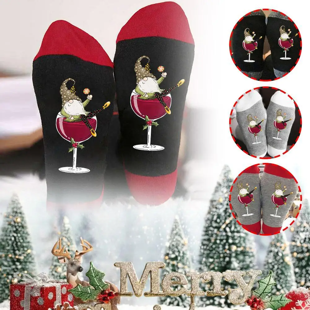 

1 Pair Funny Christmas Socks Gnome Wine Glass Unisex Crew Socks Cotton Tube Crew Happy Sock Men New Year Funny Socks