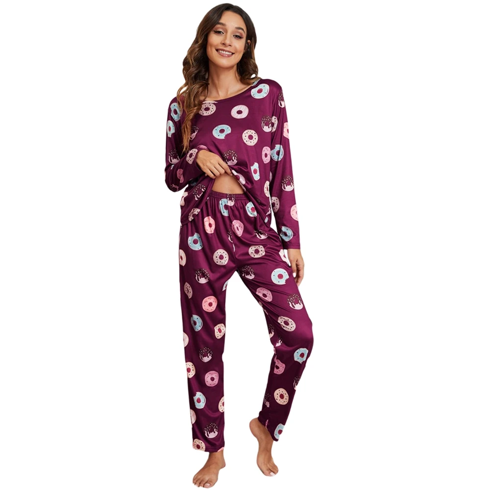 

Womens Pajama Set Classic Long Sleeve Top & Loose Long Pants Cute Cartoon Doughnuts Print Bottoms Top Tee Sleepwear Sets