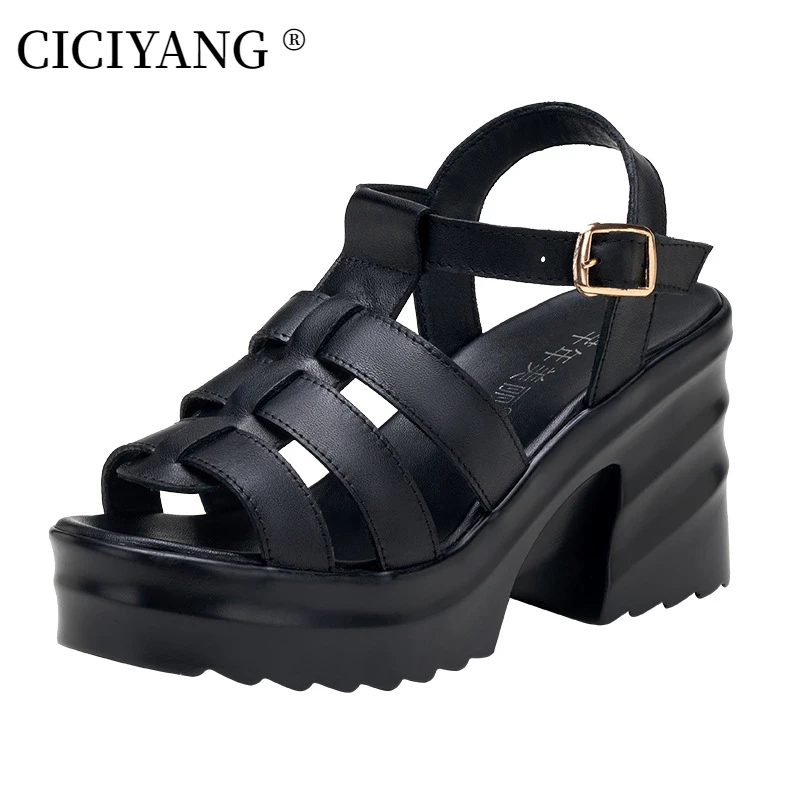 CICIYANG Women Gladiator Sandals 2023 New Chunky Ladies Summer Shoes High Heel Roman Sandal Handmade Casual Black Leather Sandal