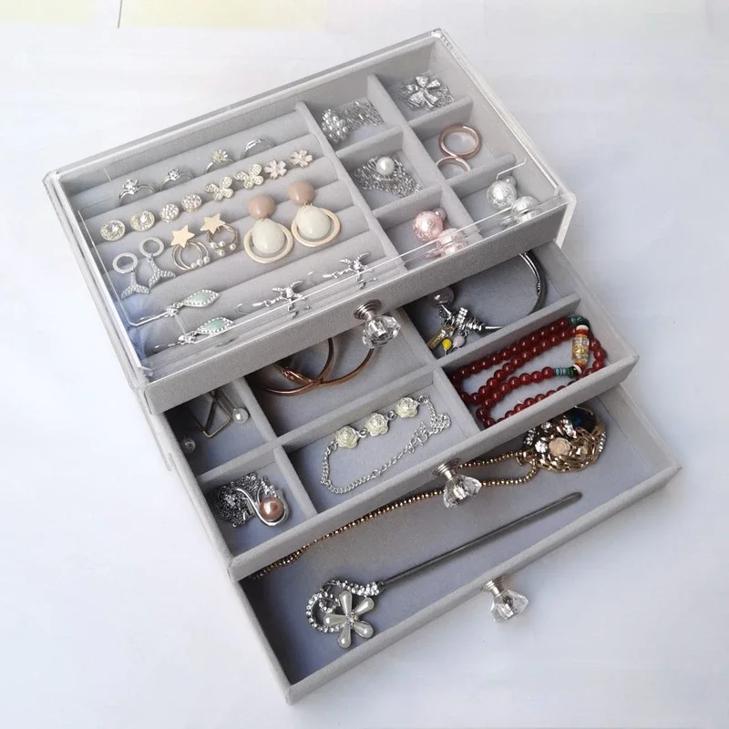 

European-style Four-drawing Jewelry Box, Transparent Dust-proof Necklace Earrings Organizer Eye Display Flannel Tray Jewellery