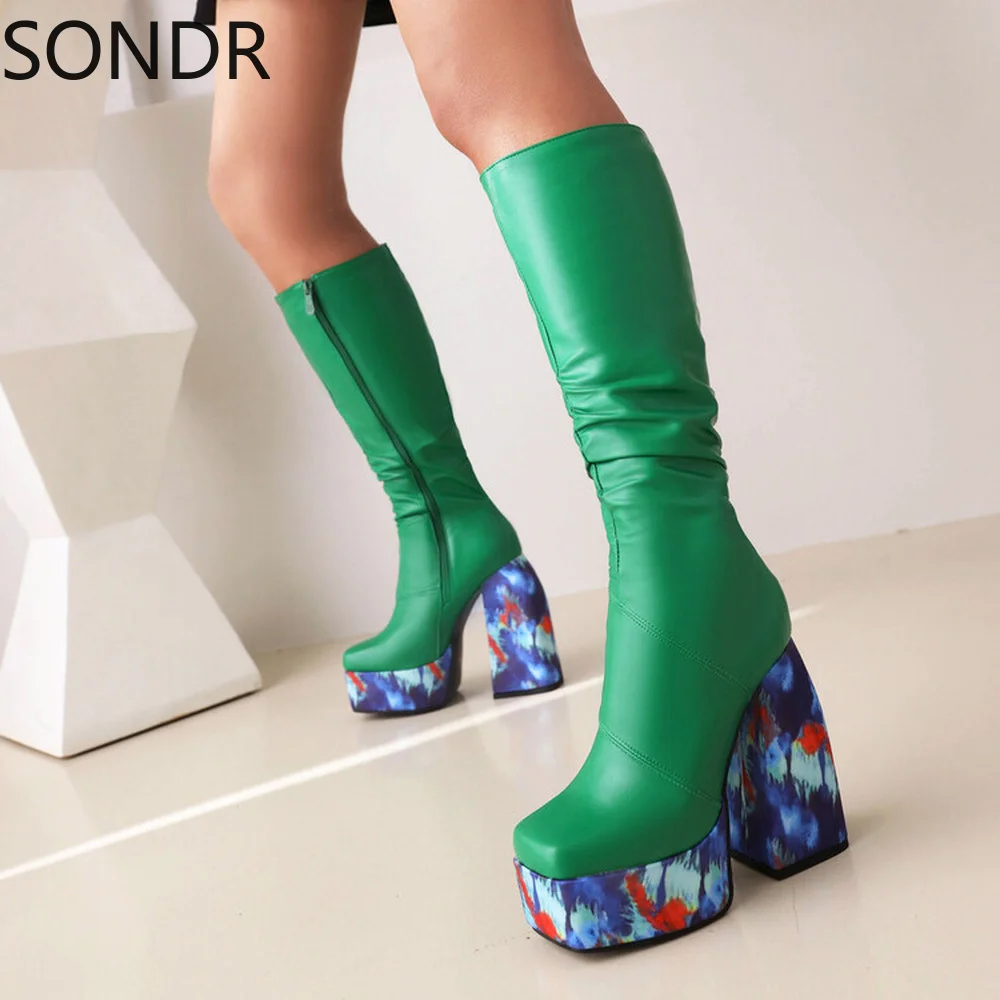 

Womens Platform Knee Thigh Boots Super 14CM High Heel Printed Riding Shoes Warm Winter Plus Size