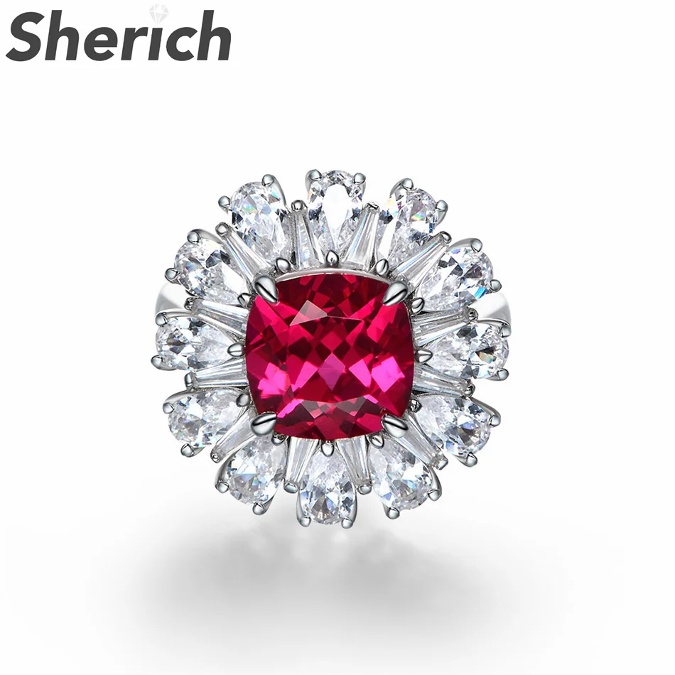 

Sherich Ruby 3.5ct Square High Carbon Diamond S925 Sterling Silver Flower Luxury Trendy Ring Women's Top Quality Banquet Jewelry