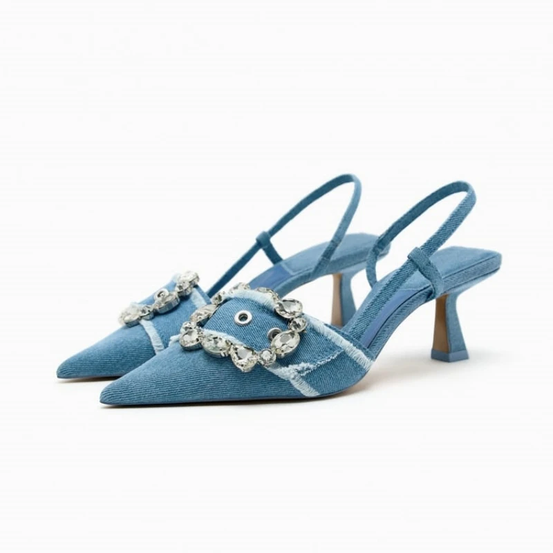 

TRAF 2023 Women's Denim High Heels Pumps Summer Fashion Pointed Toe Sandals Female Elegant Rhinestones Slingbacks Blue Stiletto