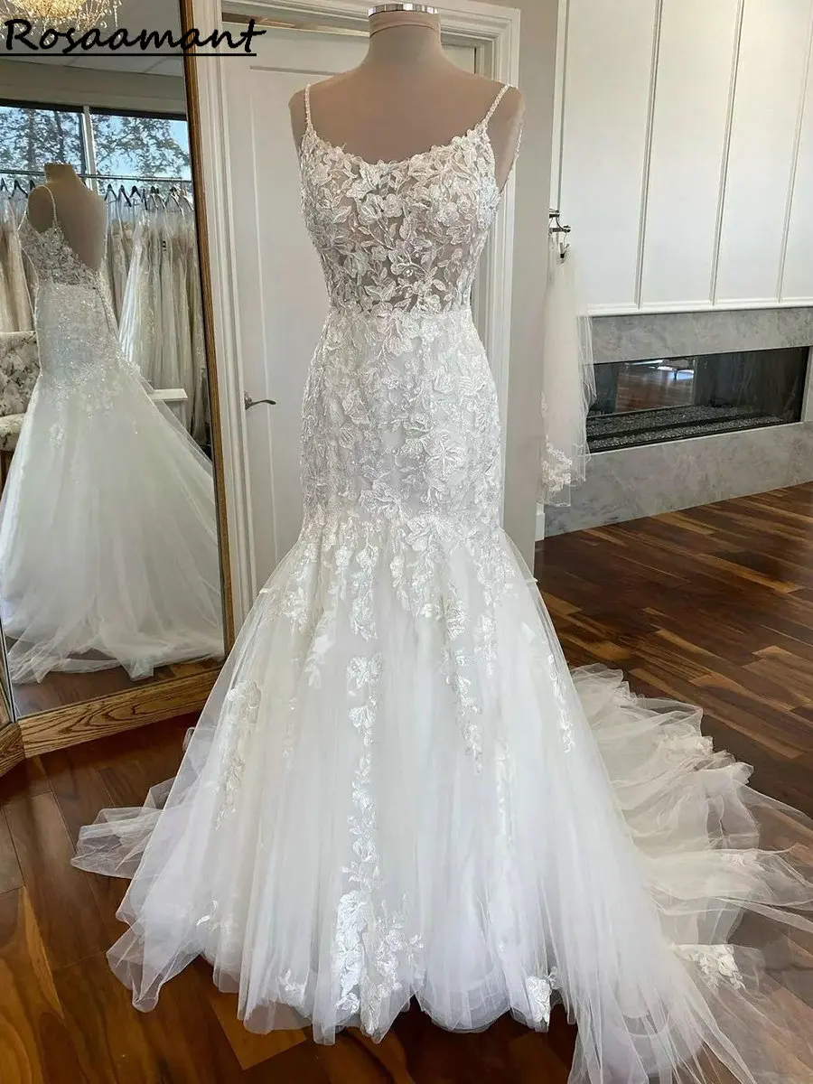 

Real Image Scoop Illusion Open Back Mermaid Wedding Dresses Spaghetti Straps Sequined Appliques Lace Country Bridal Gowns