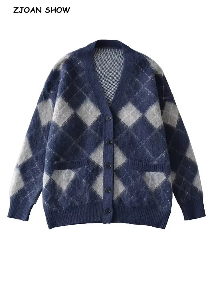 

Осень 2022, вязаный кардиган в стиле бойфренда с V-образным вырезом, в темно-синюю клетку, пушистый женский свитер, однобортный трикотажный джемпер на пуговицах