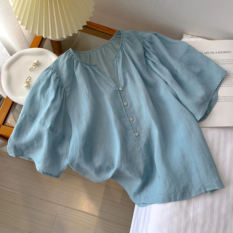 Женская рубашка из хлопка и льна с рукавами-фонариками