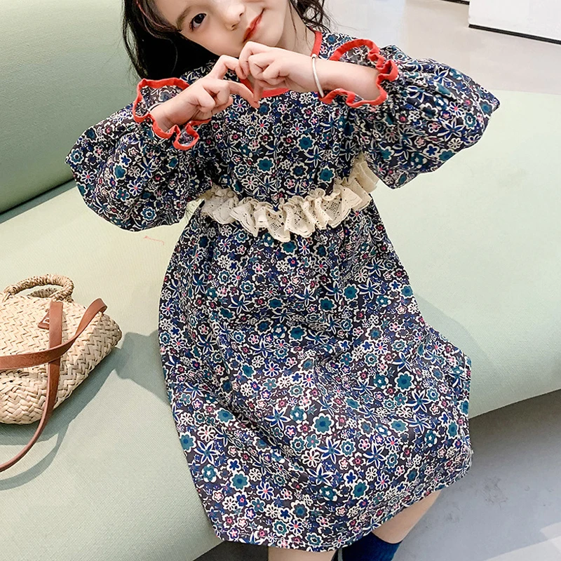 

Spring New Girl'S Floral Long-Sleeved Dress Korean Version Lace Stitching Waist Decoration Children Clothes Baby Princess Dress