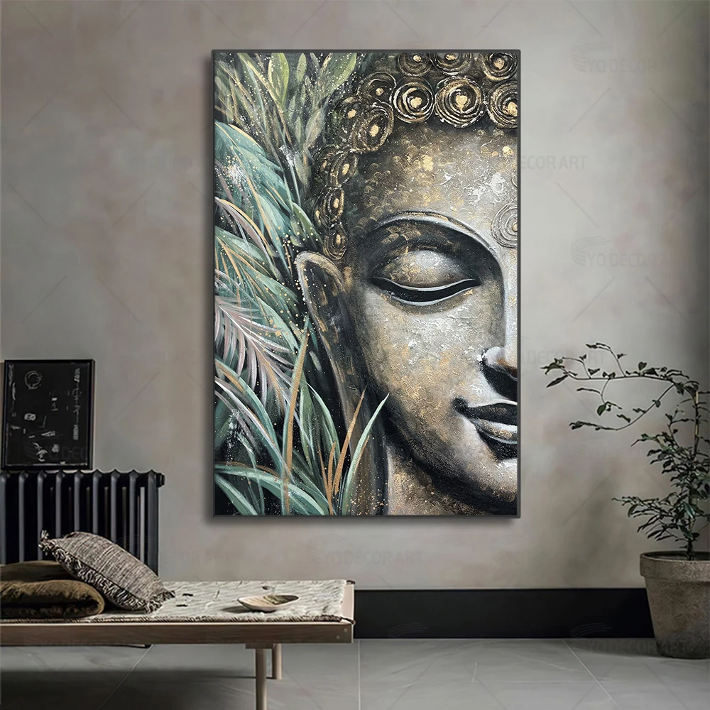 

Original Hand Painted Buddha Statue Oil Painting on Canvas Religious Wall Art Painting for Living Room Home Decor
