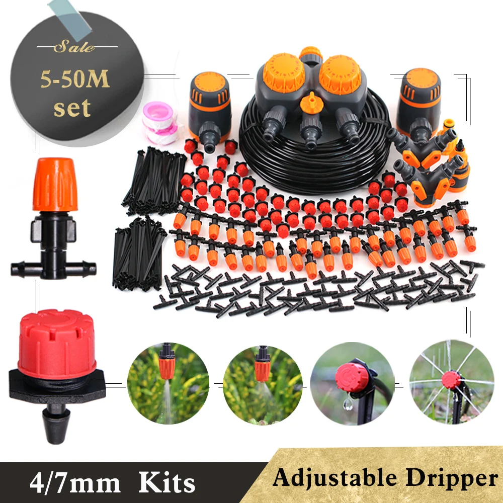 

5-50M Mechanical Watering System Orange Spray Red Drip Set Adjustable Garden 2-IN-1 Sprinkler Kit Potted Plants Greenhouse Tools