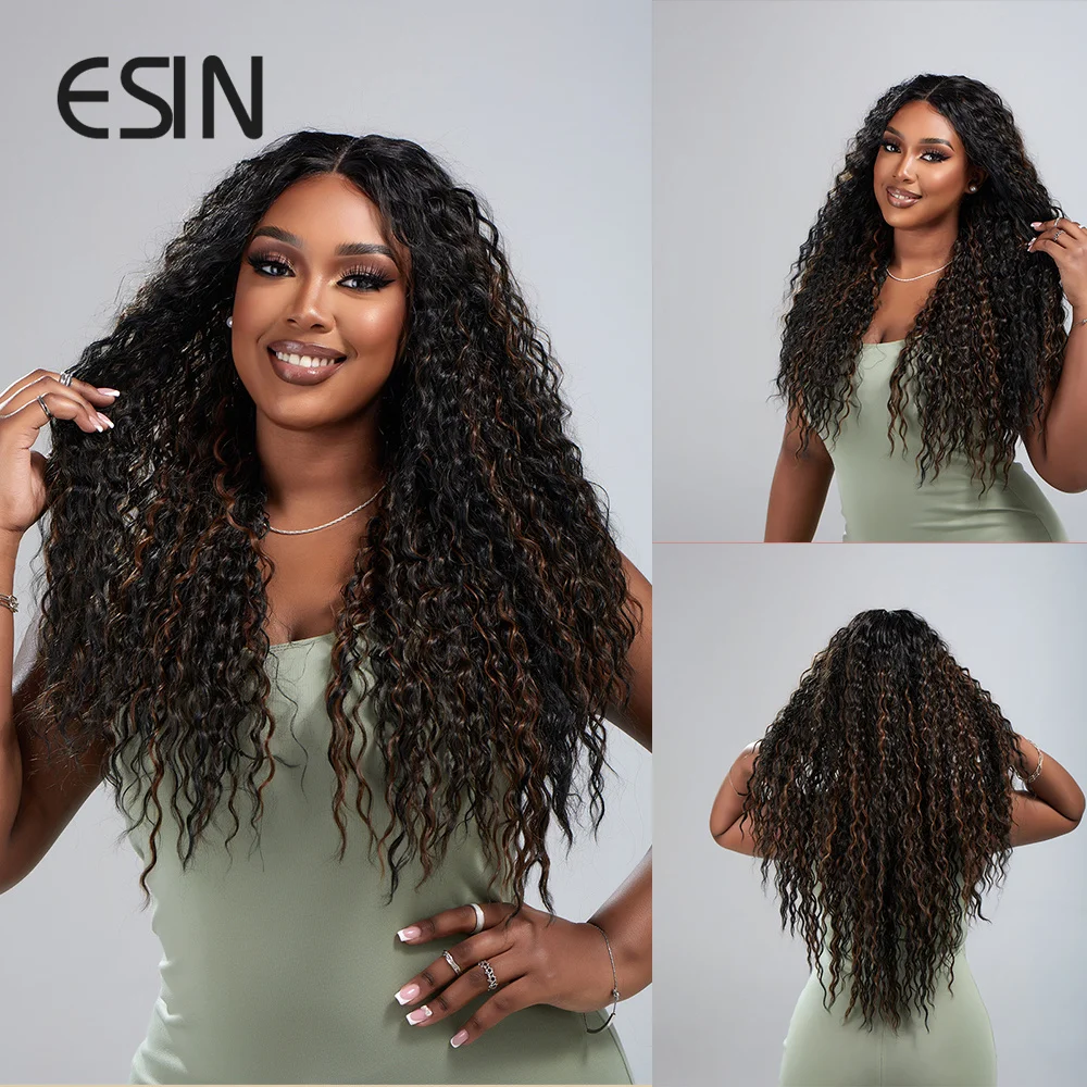 ESIN Synthetic Long Curly Mix Black and Brown Hair Wigs Middle Part Lace Wigs for Women Black Lace Hair Wigs Cosplay Daily Usage