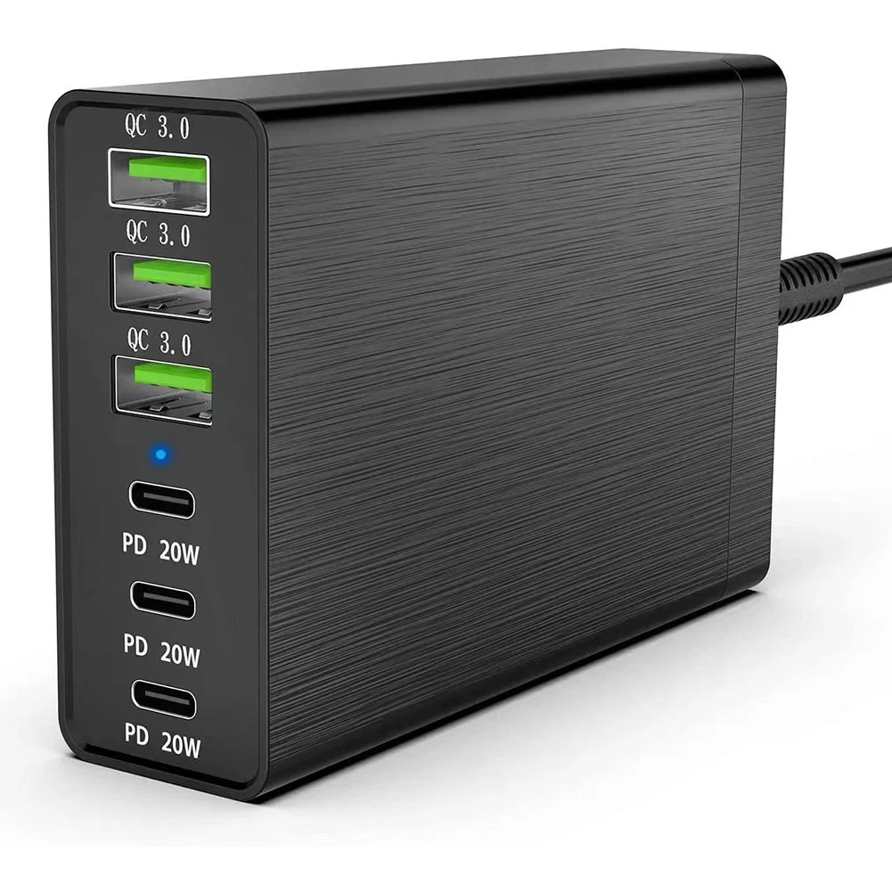 

Настольная зарядная станция с 6 USB-портами, 96 Вт, с 3 USB-портами и портами QC3.0, быстрое зарядное устройство PD 20 Вт, вилка стандарта США