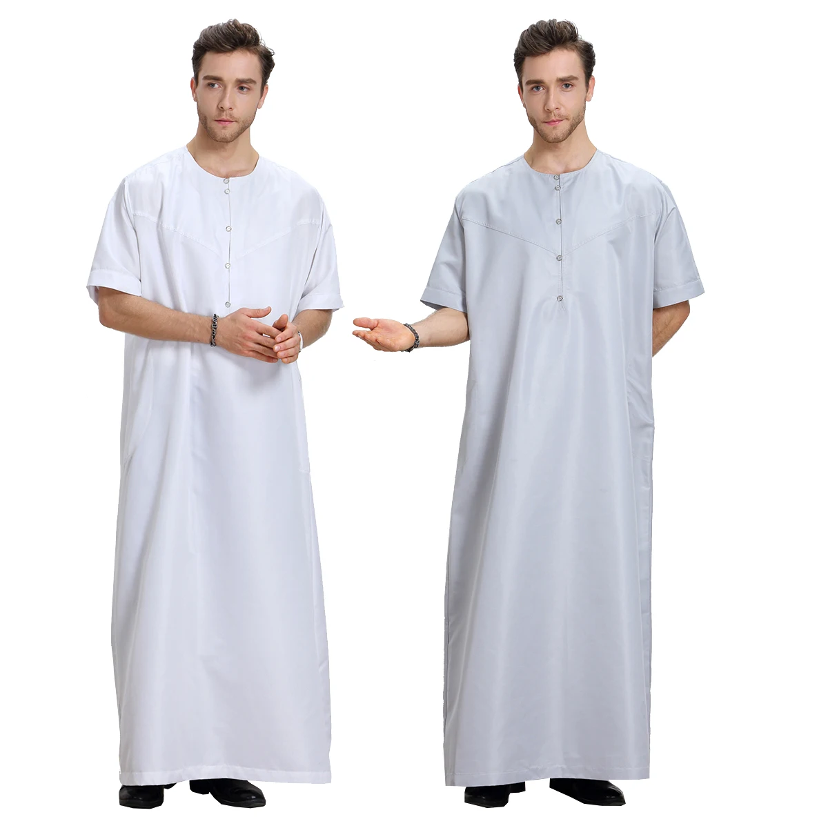 

New Muslim Jubba Thobe for Men Islam Kaftan Abaya Pakistan Saudi Arabia Djellaba Buttons Short Sleeve Long Dress Abaya Ramadan