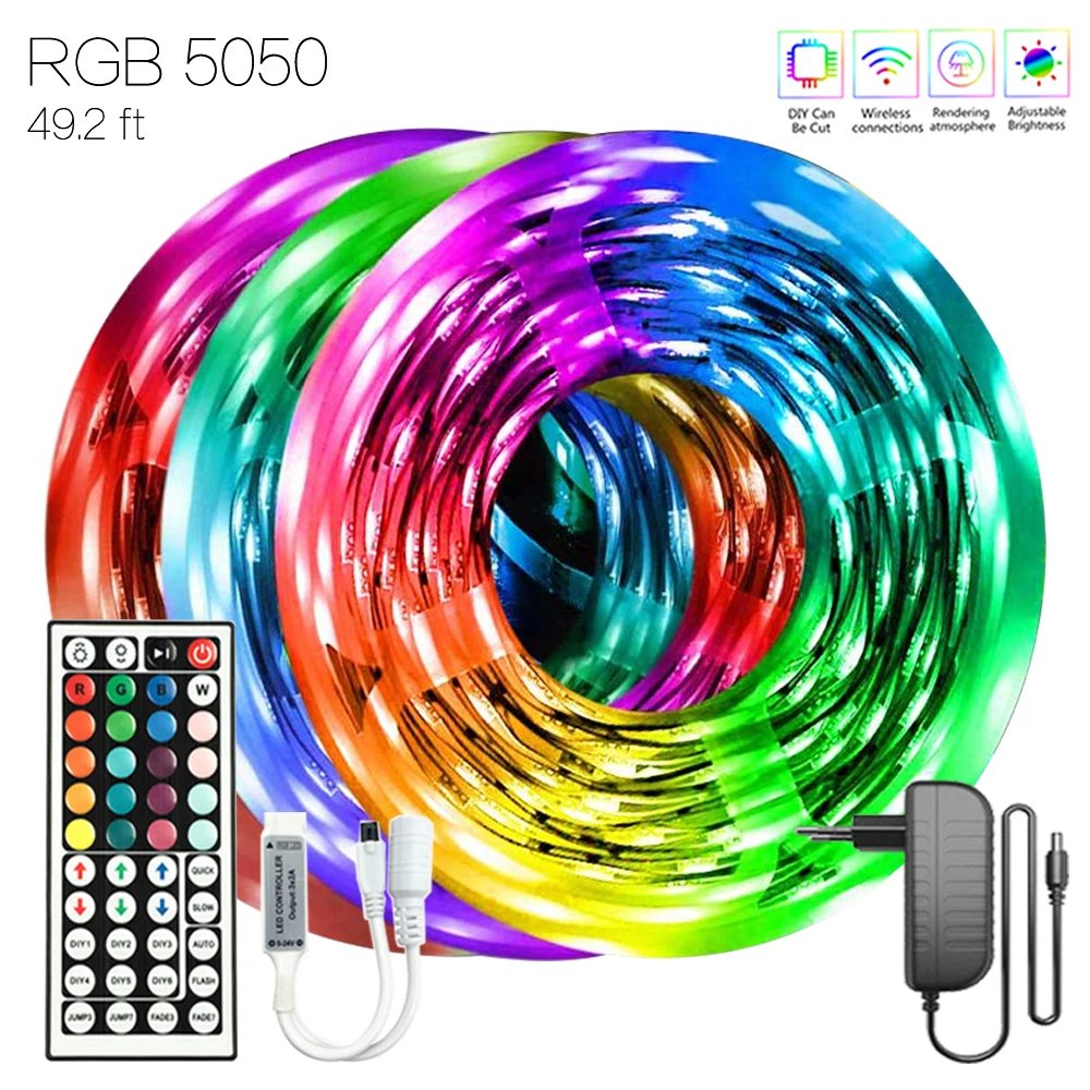 49.2 ft (15M) 44key Infrared Control Fita LED Flexible Lamp Waterproof Tape RGB 5050 Decoration For Chambre Bedroom Party Light