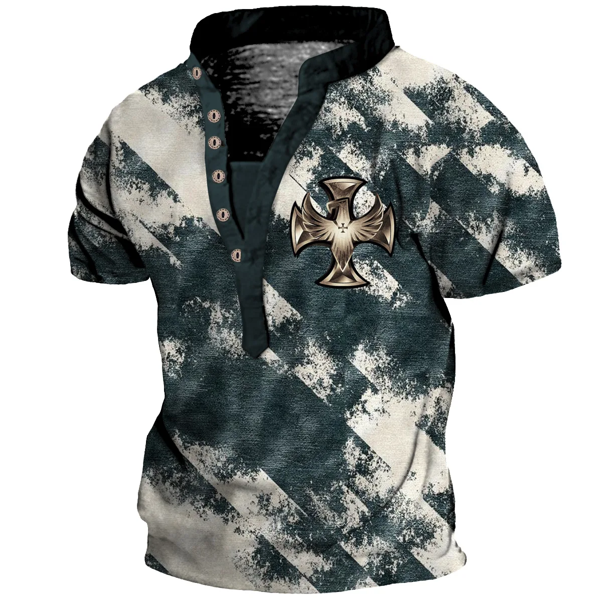 2023 Summer Trend T Shirts For Men y2k 3d Print Retro Eagle Cross Tops buckle V-neck Street Punk Short Sleeves Sports Tee