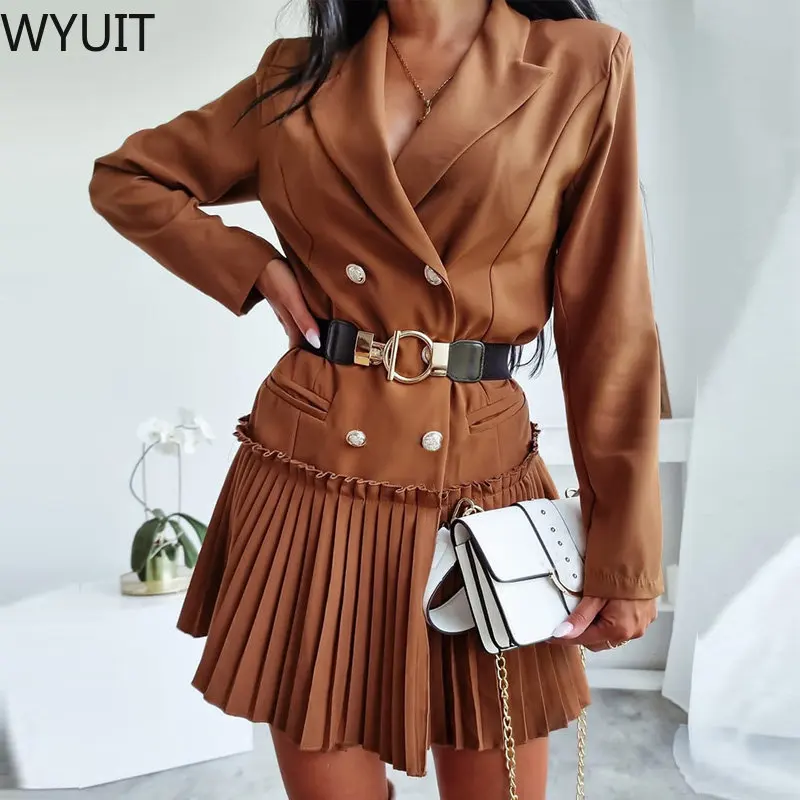 

Женский однотонный плиссированный пиджак, повседневный Однобортный блейзер с длинным рукавом, верхняя одежда для офиса на осень