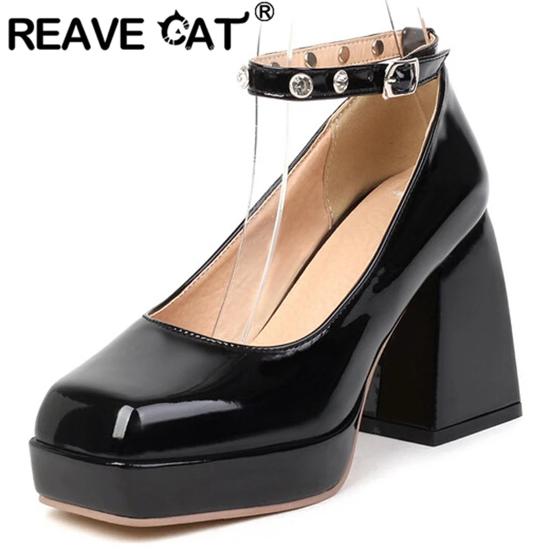 

REAVE CAT 2022 Women Platform Pumps Square Toe Chunky Heels Rivets Ankle Strap Sweet Big Size 34-43 Black Apricot Spring S3277