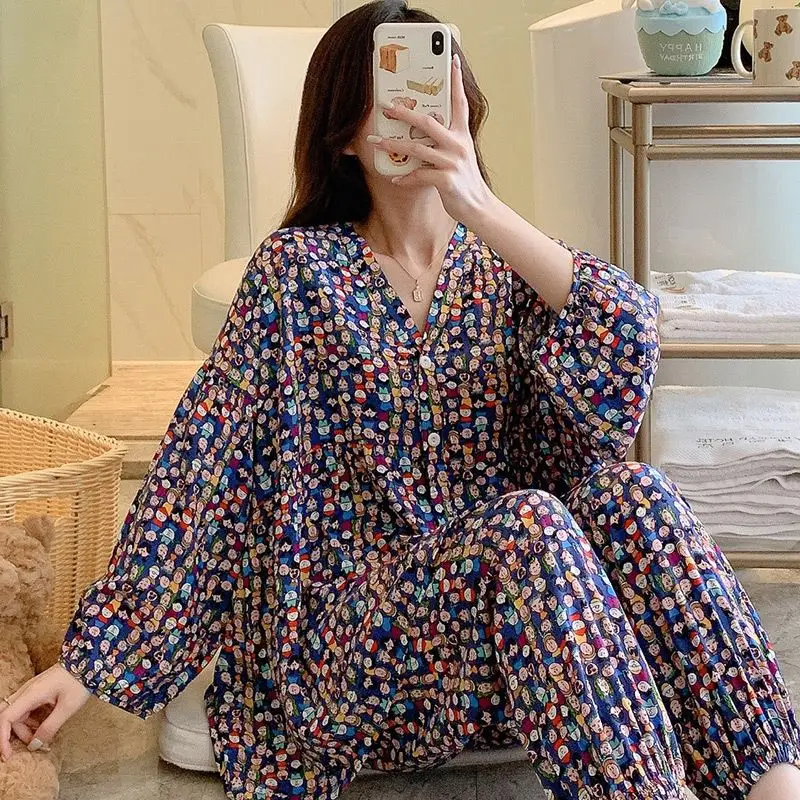 Long sleeve cotton silk pajamas women in the spring and autumn thin girl leisurewear bourette suits summer big yards