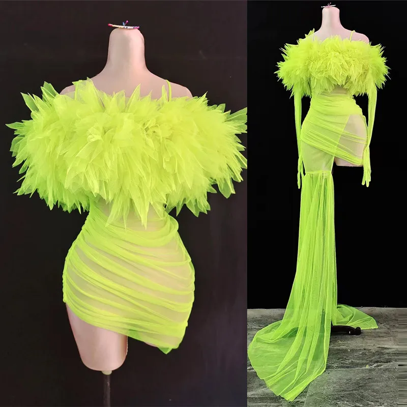 

Mesh Dress Fluorescent Green Shoulder Transparent Trailing Women Singer Concert Catwalk Party Dress Nightclub Show Stage Costume