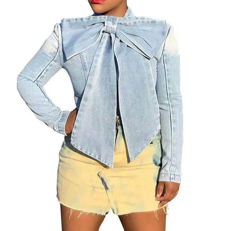 

New Fashion Bow Tie Single Breasted Denim Tshirts Women Vintage Casual Long Sleeve Jeans Tops Plus Size Solid Colors Streetwear