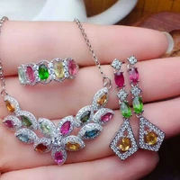 meibapj 925 sterling silver natural colorful tourmaline gemstone necklace earrings ring for women fine wedding jewelry set