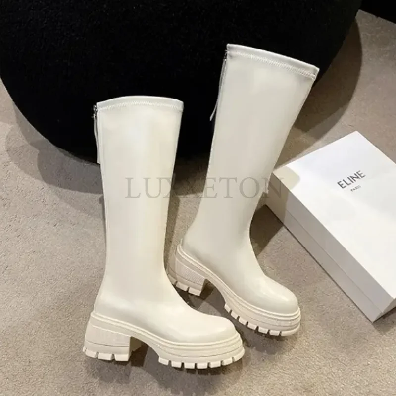 

Women's High Boots Fashion Woman Non-slip Waterproof Winter Zipper PU Leather Knee High Boots Women Chunky Platform Long Boots