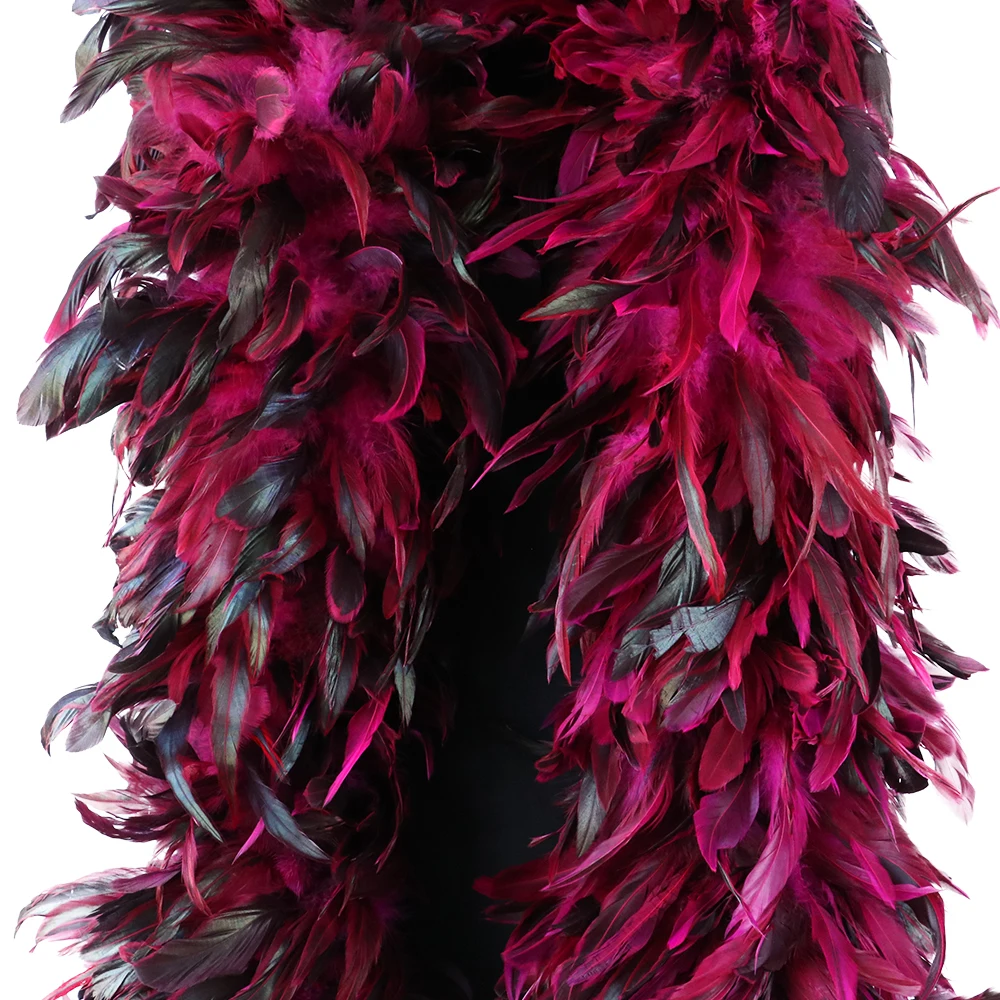 

2 Meters Rose Red Rooster Tail Feathers Boa Wedding Accessory Dyeing Chicken Plumes Carnival Shawl Decoration Feather Cape