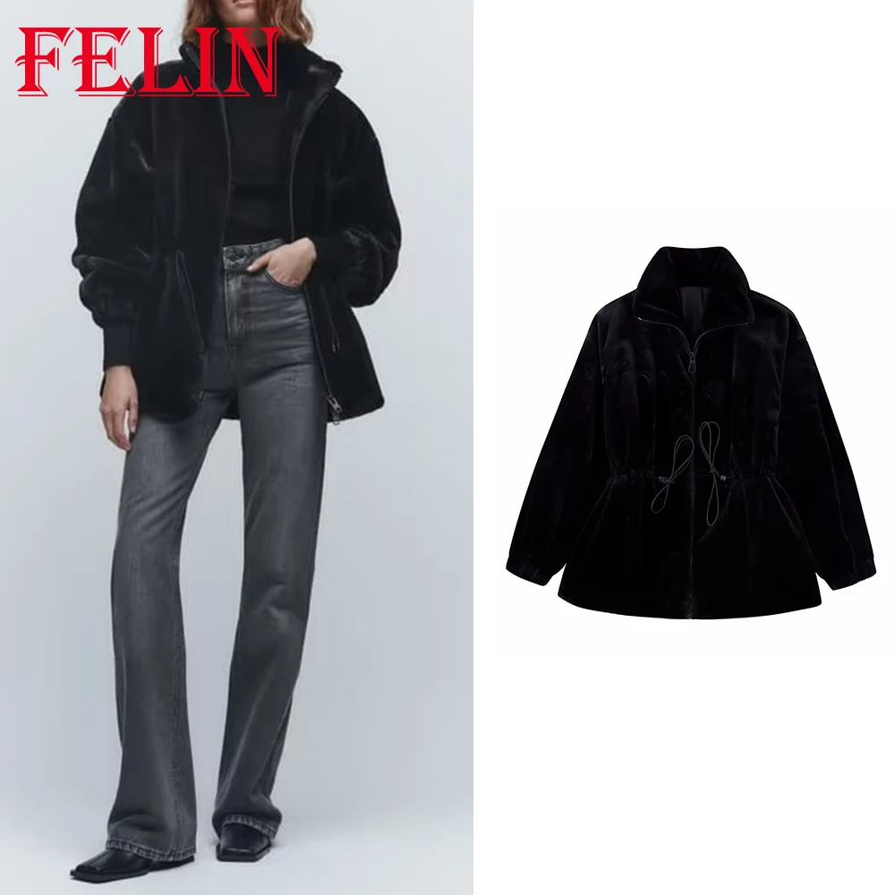 

TRAF Autum Winter Woman 2022 Fashion Black Fur Coats Vintage Loose Women Jackets Zipper Casual Pockets Warm Thick Jackets