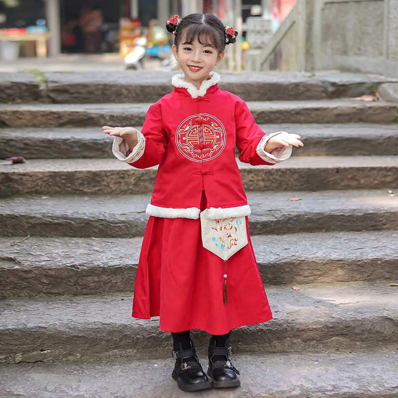 Winter Girls New Year Dress chinese Lovely Embroidery Kids Tang Suit Boys Thick And Quilted Cotton Perform Costumes |