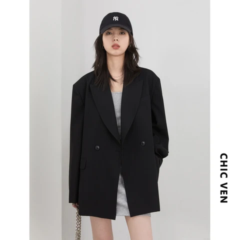 Женские пиджаки CHIC VEN, однотонные свободные двубортные офисные женские пиджаки с широкими плечами, пальто большого размера, весна-осень 2025
