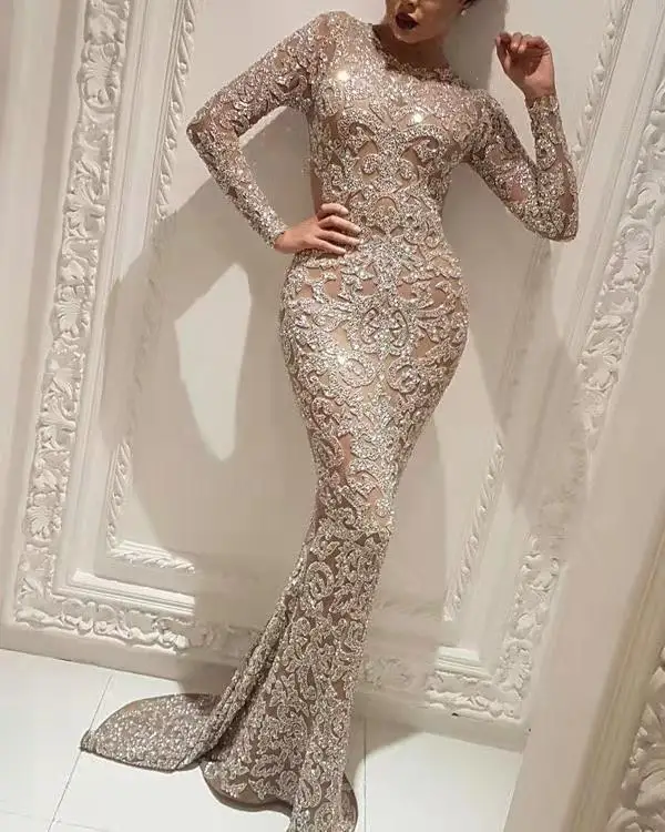 2023Women Long Sleeve Gown Mermaid Tail Sequin Evening Dress Sexy Maxi Floor Length Sheath Sparkling Elegant Lady Evening Dress