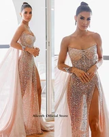 2022 sparkly rose gold sequined prom ogstuff sexy high side split evening gown luxury formal party dresses robes de soir%c3%a9e